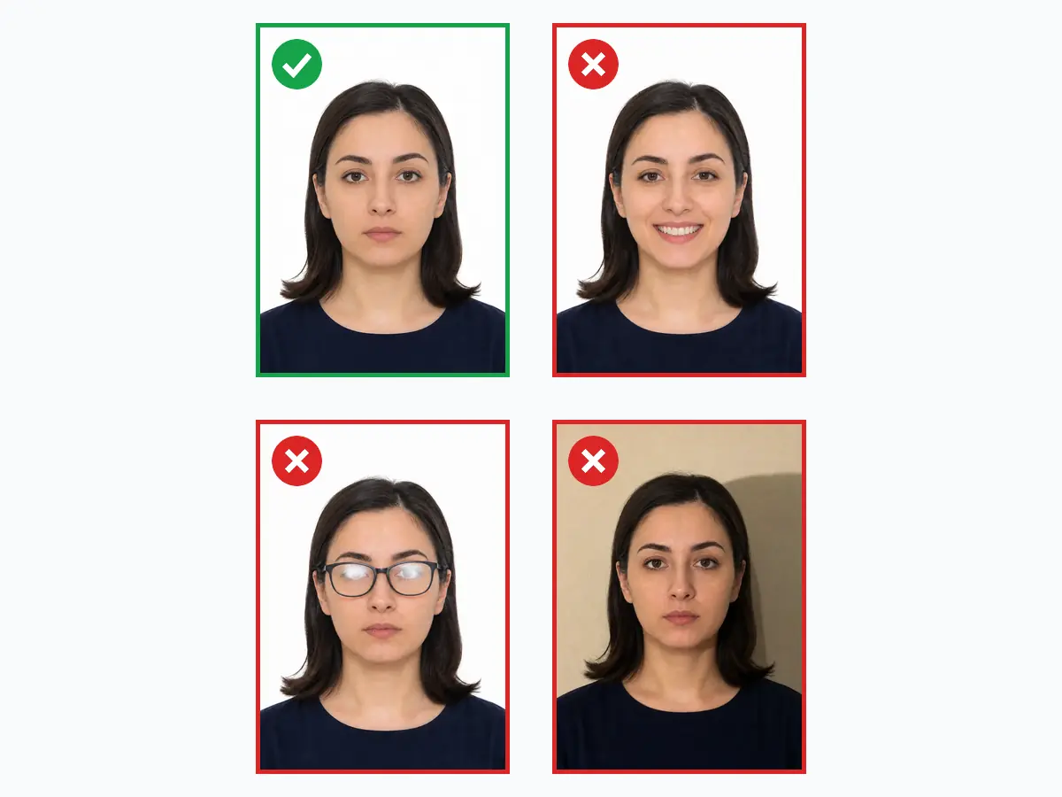 Richtige und falsche Beispiele für das 32×45-mm-Briefmarkenfoto: konformer Ausschnitt gegenüber Unschärfe, Schattenhintergrund und Haaren im Gesicht
