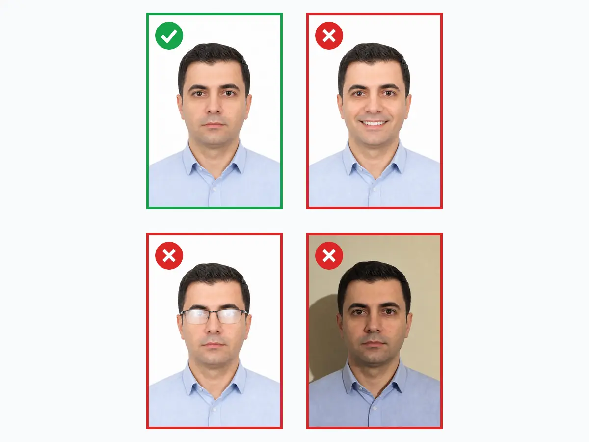 Correct and incorrect 33×48 mm ID photo examples: compliant crop versus smiling, lens glare and shadowed background mistakes