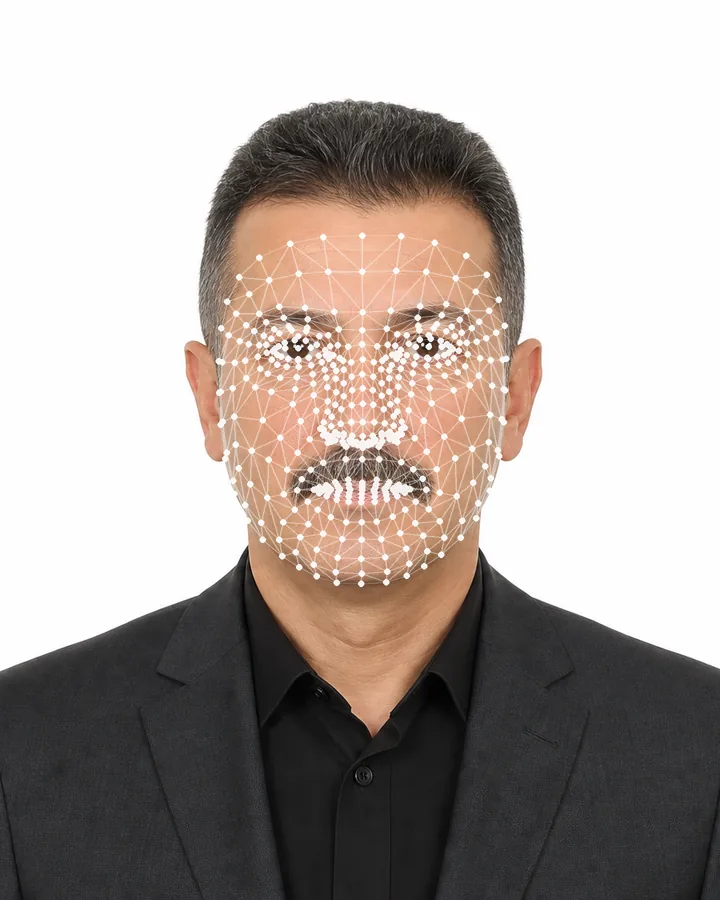 Beispiel für ein quadratisches 40×40-mm-Passfoto, weißer Hintergrund, dunkle Kleidung, mit Maßlinien