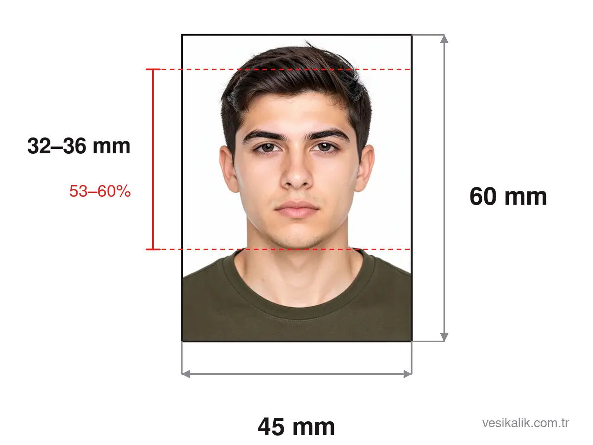 Maßskizze Studentenausweis- und Einschreibefoto: Foto 45×60 mm, Kopfhöhe 32–36 mm