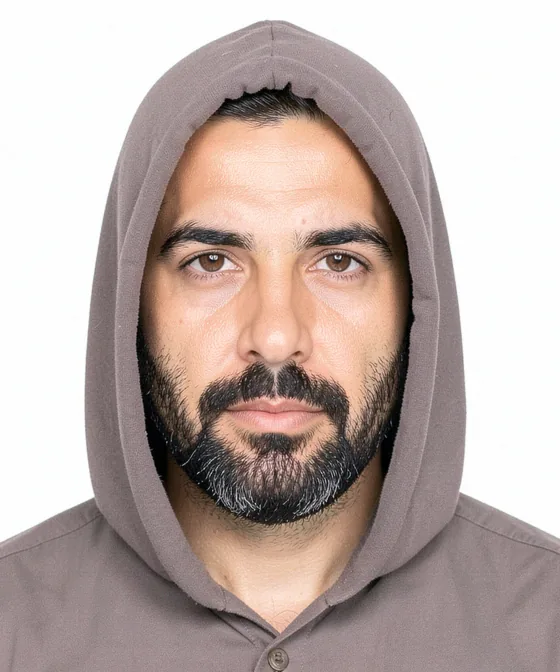 Suriye Pasaportu Fotoğrafı — Yanlış vesikalık örneği: başa geçirilmiş kapüşon