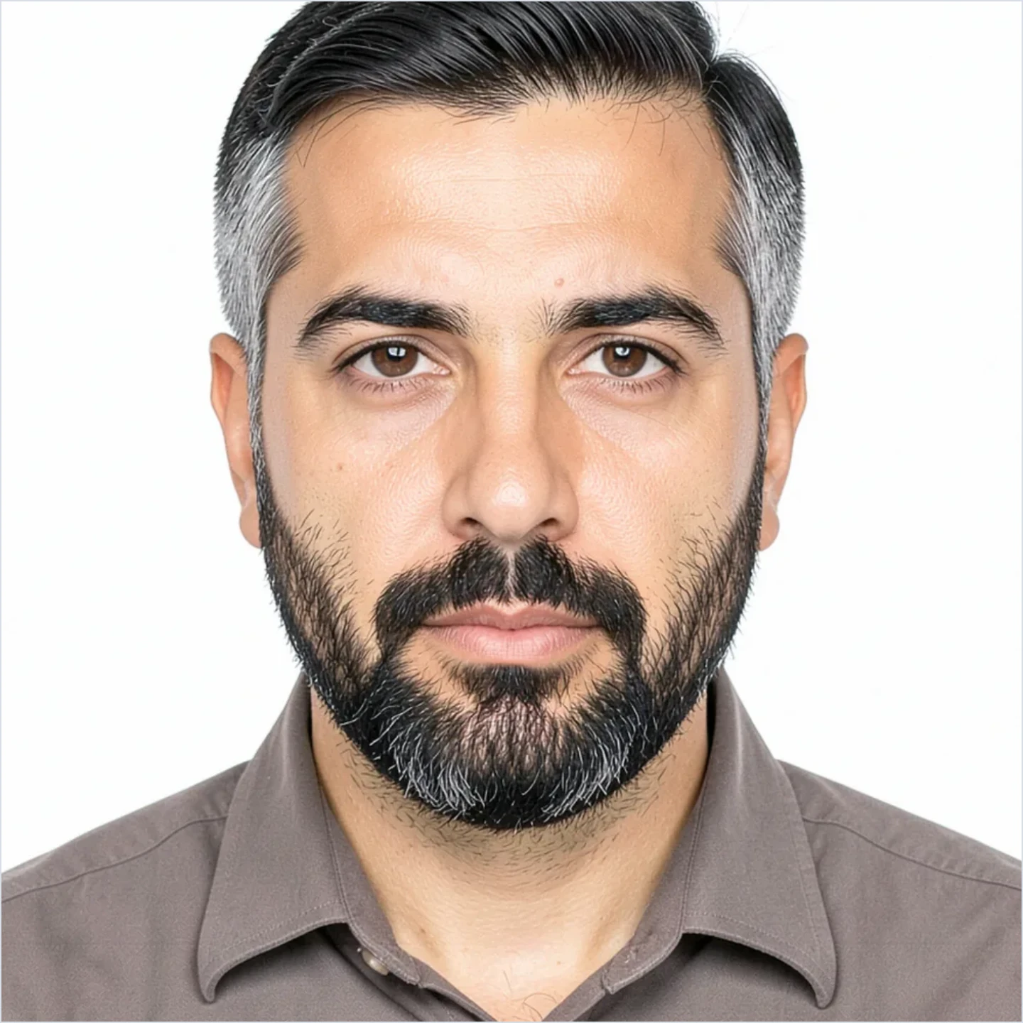 Beispiel eines quadratischen 40×40-mm-Fotos für den syrischen Pass: weißer Hintergrund, dunkle Kleidung, Messlinien