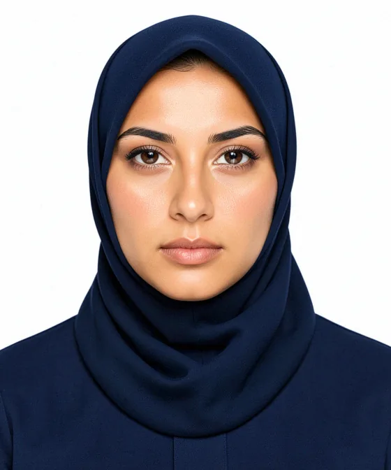 صورة تأشيرة السياحة السعودية — مثال صحيح لصورة هوية: تعبير محايد، رأس مستقيم، إضاءة متساوية، خلفية بيضاء