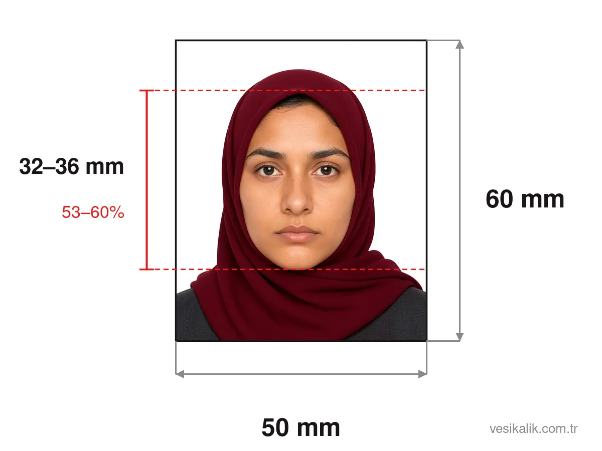 Türkiye Vizesi Fotoğrafı ölçü şeması: 50×60 mm fotoğraf, baş yüksekliği 32–36 mm